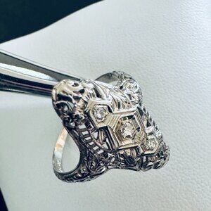 Antique 18K White Gold Art Deco Diamond Ring size 7.5 Ring O Romance